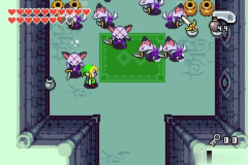 Purple Keatons swarming Link in the room with the green carpet Purple Keatons swarming Link in the room with the green carpet