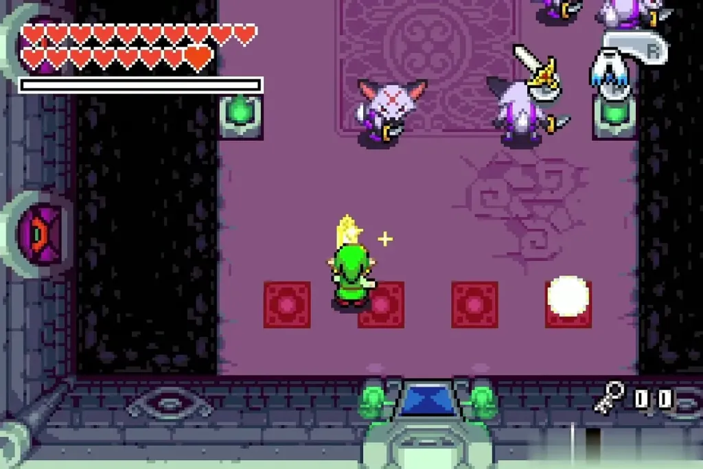 Link standing on a floor switch with Keatons ahead Link standing on a floor switch with Keatons ahead