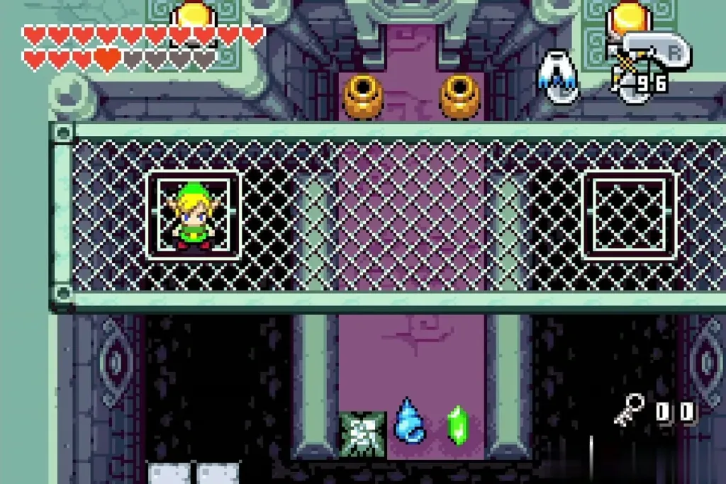 Link standing on a switch square in the mesh floor Link standing on a switch square in the mesh floor