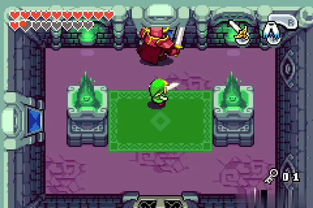 Link facing the red Darknut in the tower hall Link facing the red Darknut in the tower hall