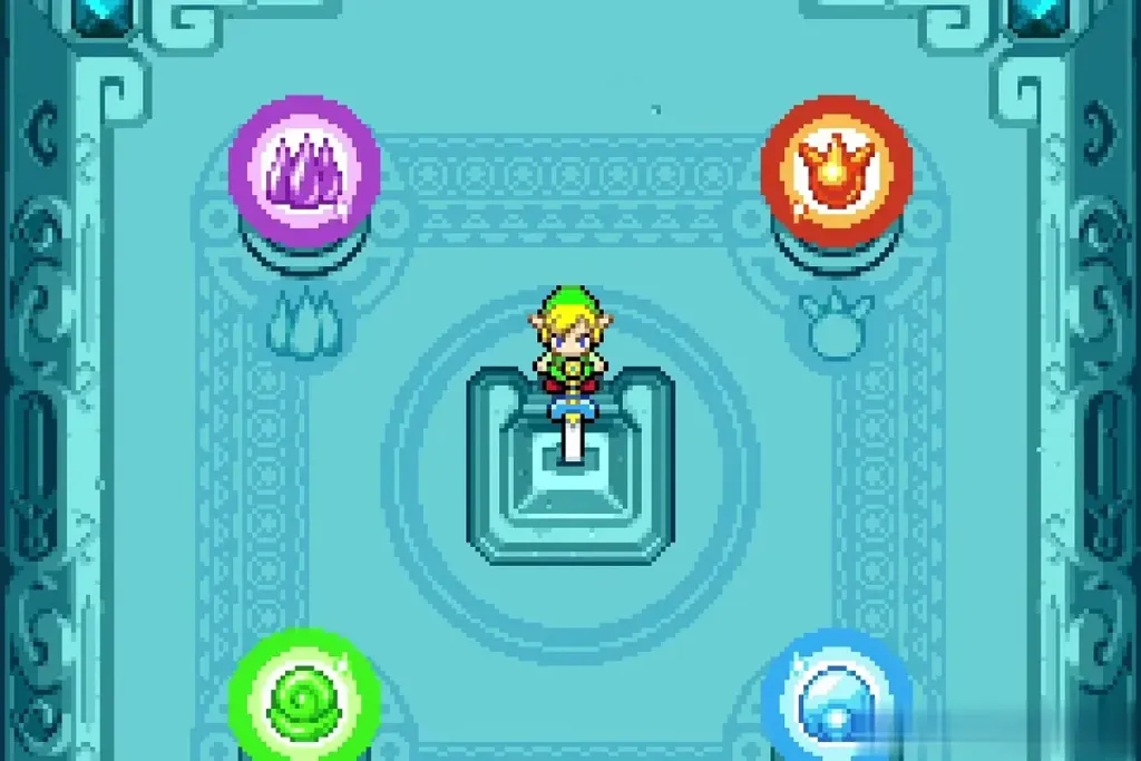All four Elements glowing on their stands around Link and the pedestal All four Elements glowing on their stands around Link and the pedestal