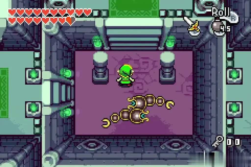 Link in the room below the stairs with a snake enemy Link in the room below the stairs with a snake enemy