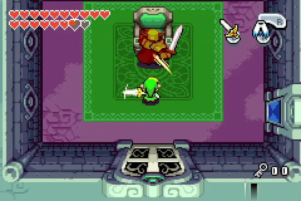 Link striking the red Darknut in front of the throne Link striking the red Darknut in front of the throne
