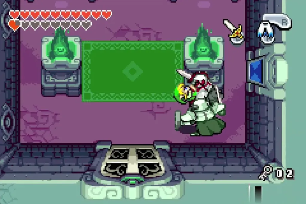 Link fighting the white Darknut before the block room Link fighting the white Darknut before the block room