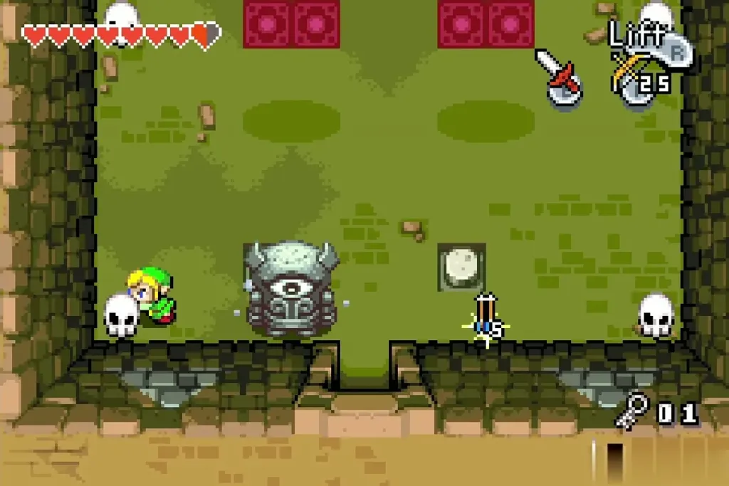Link shooting an arrow at a stone statue that has woken up Link shooting an arrow at a stone statue that has woken up