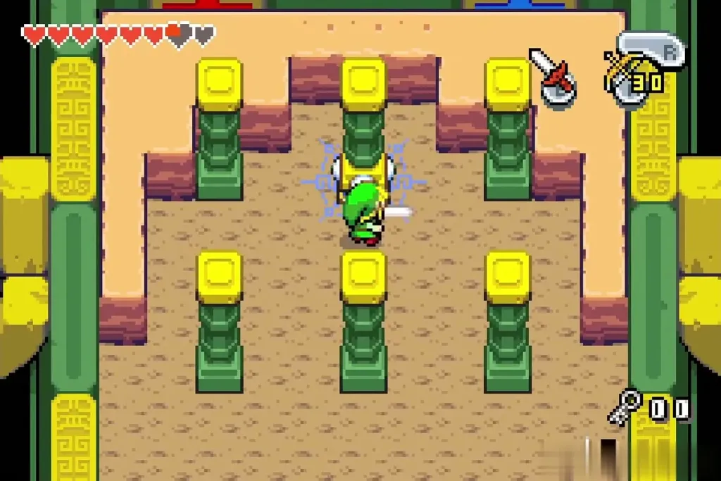 Link striking the glowing statue among the yellow and green pillars Link striking the glowing statue among the yellow and green pillars