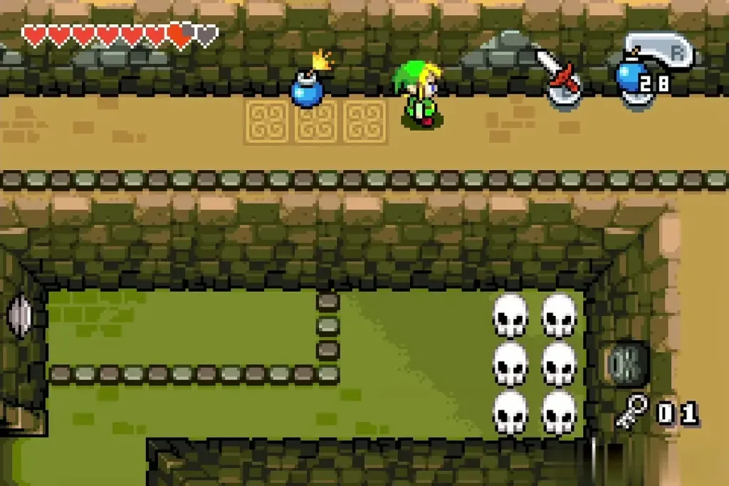 Link placing a bomb against the wall of the dark corridor Link placing a bomb against the wall of the dark corridor