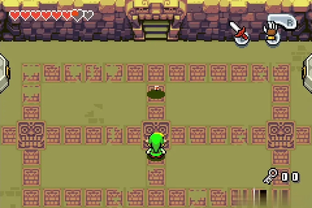 Link in the boss room as a Heart Container appears ahead of him Link in the boss room as a Heart Container appears ahead of him