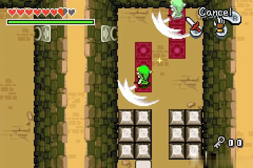 Link and his clone both swinging swords on the red floor switches Link and his clone both swinging swords on the red floor switches