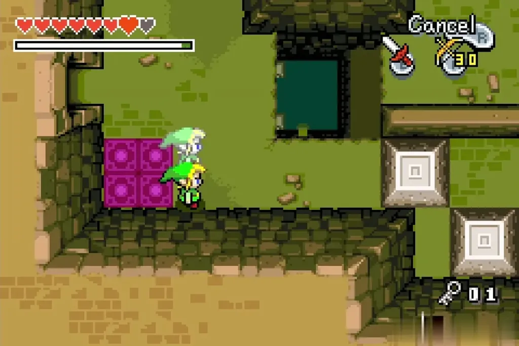 Link and his clone standing on purple tiles in the snake room Link and his clone standing on purple tiles in the snake room