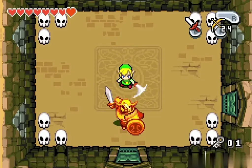 Link facing an armoured Darknut in a room of skulls Link facing an armoured Darknut in a room of skulls