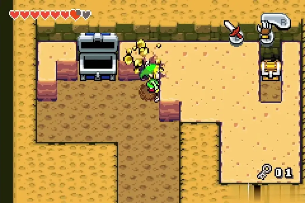Link digging into the sand along the top of the room Link digging into the sand along the top of the room
