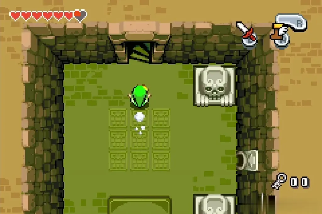 Link in the entry room with a skull statue in the corner Link in the entry room with a skull statue in the corner