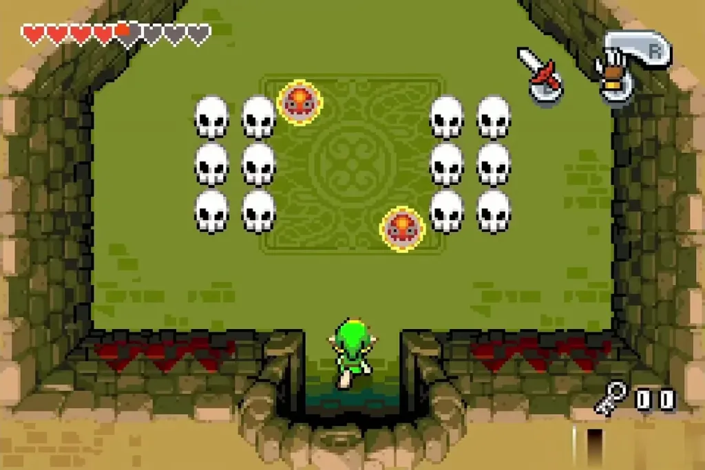 Link entering the hall where fire orbs drift among rows of skulls Link entering the hall where fire orbs drift among rows of skulls