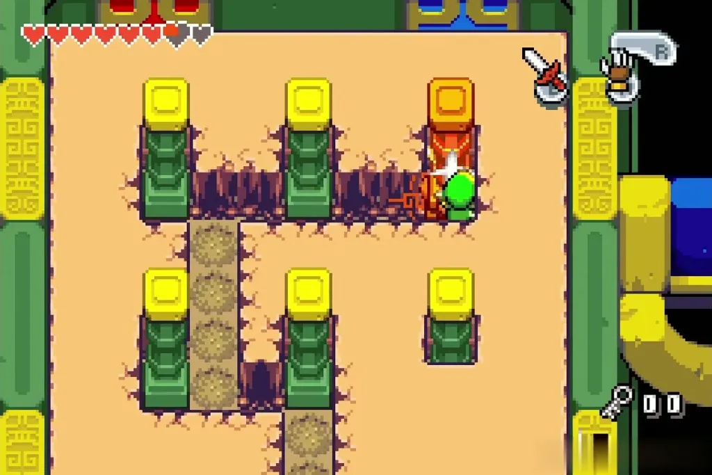 Link slashing the glowing orange eye pillar Link slashing the glowing orange eye pillar