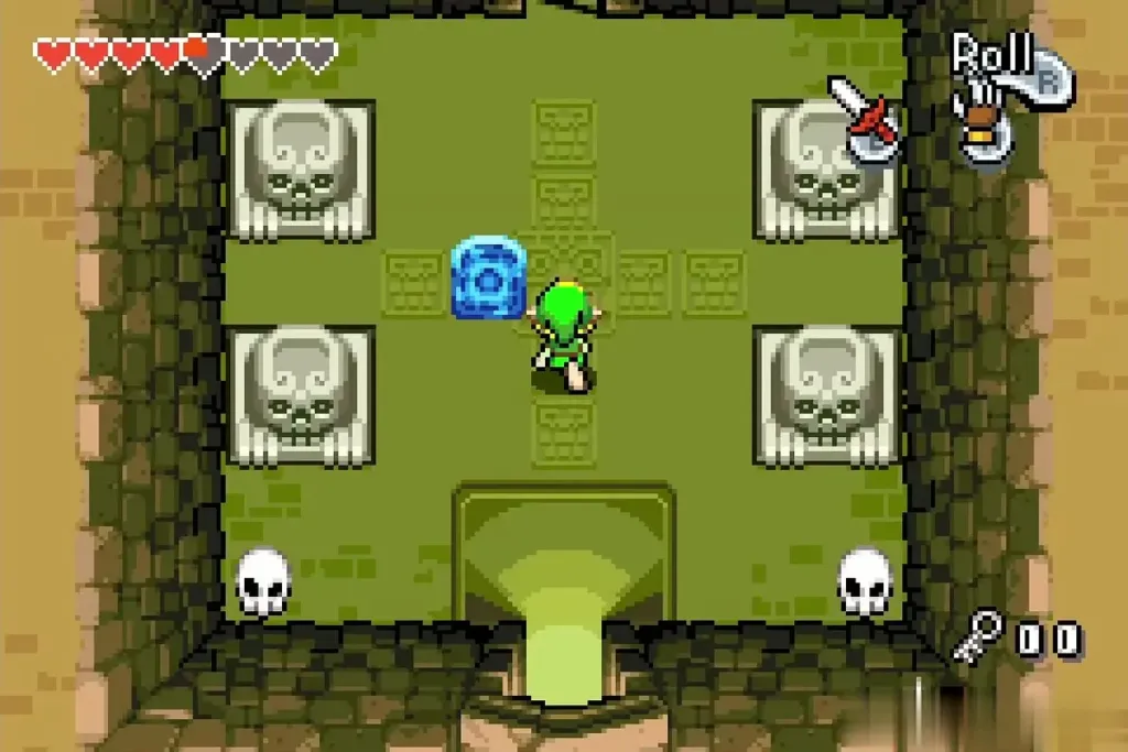 Link in the room of four skull statues with the blue pad on the floor Link in the room of four skull statues with the blue pad on the floor