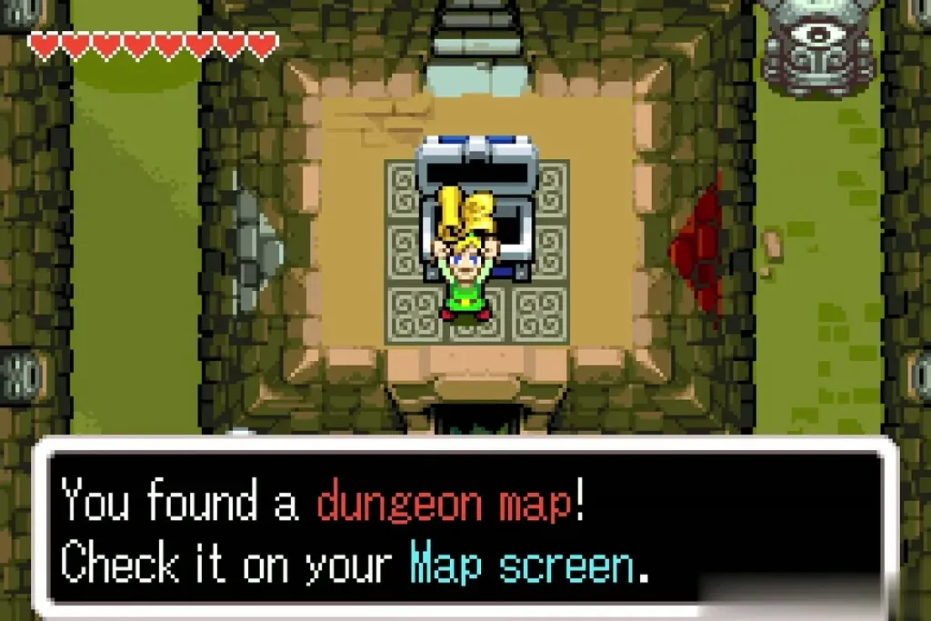 Link holding up the dungeon map with the You found a dungeon map message Link holding up the dungeon map with the You found a dungeon map message