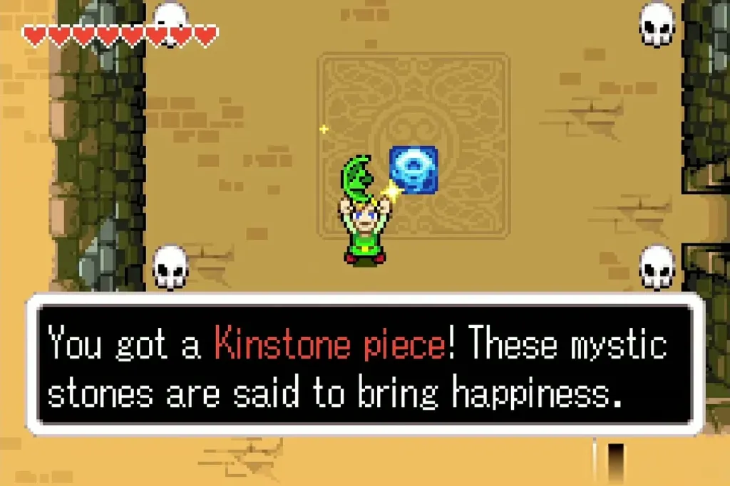 Link holding up a Kinstone piece with the full message box Link holding up a Kinstone piece with the full message box
