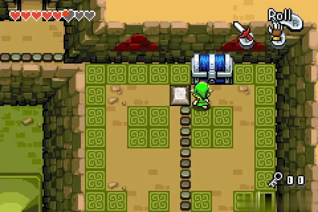 Link at the big chest on the green-tiled platform Link at the big chest on the green-tiled platform