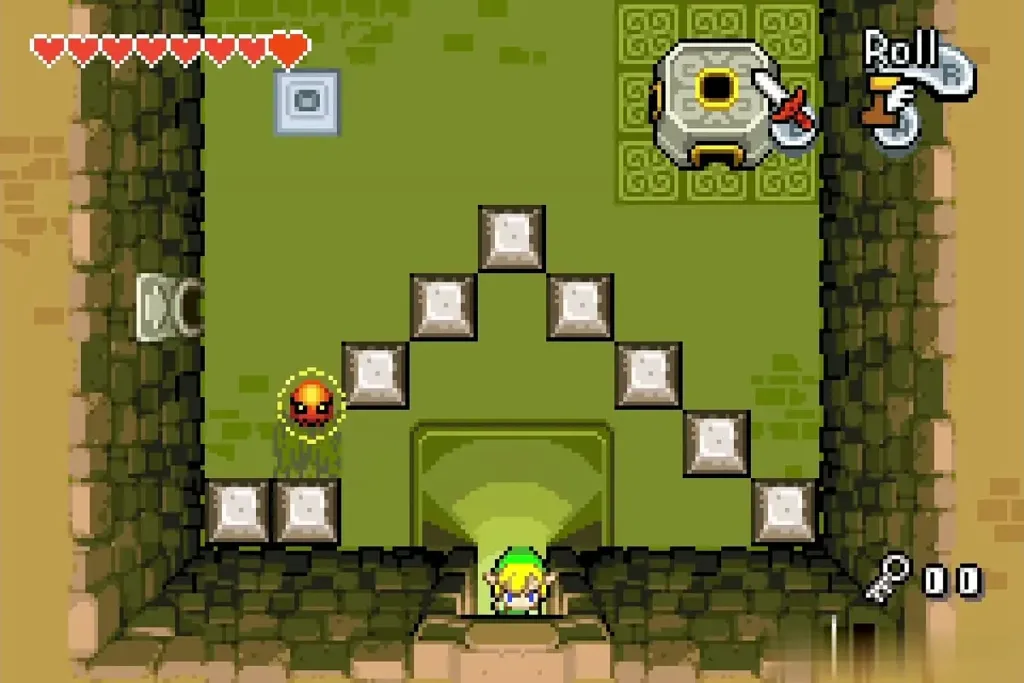 Link at the pyramid room door with a full row of hearts Link at the pyramid room door with a full row of hearts