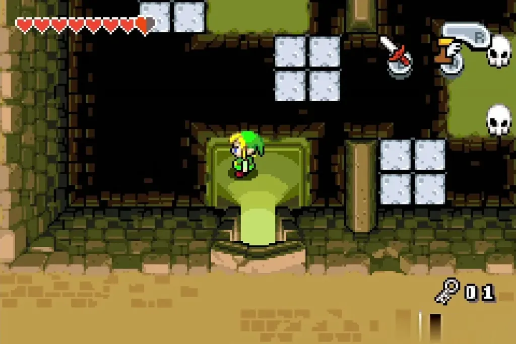 Link entering the dark room where ice blocks float over pits Link entering the dark room where ice blocks float over pits