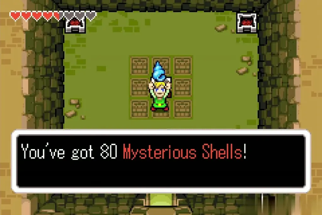 Link holding up the chest reward, You got 80 Mysterious Shells Link holding up the chest reward, You got 80 Mysterious Shells