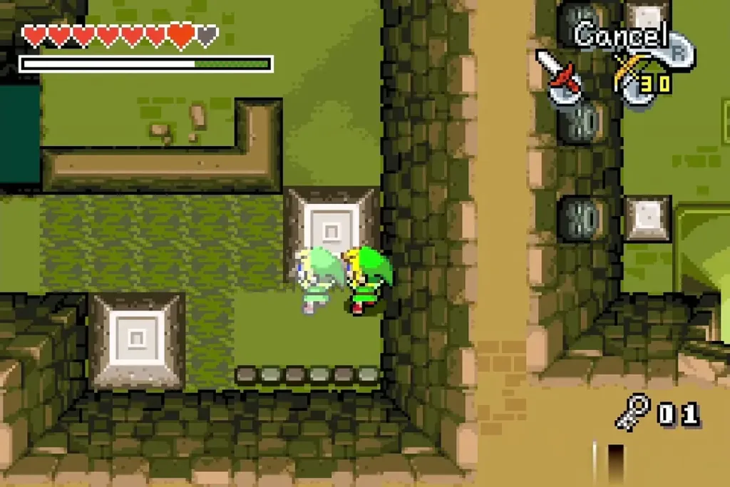 Link and his clone shoving a block along the wall Link and his clone shoving a block along the wall