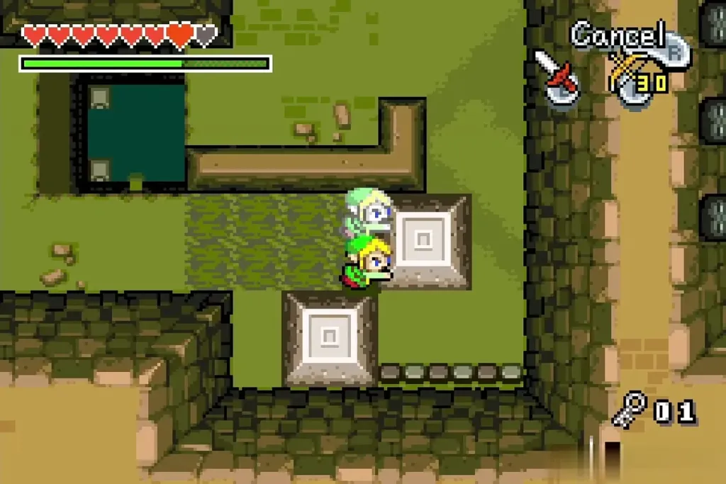 Link and his clone pushing a large stone block together Link and his clone pushing a large stone block together