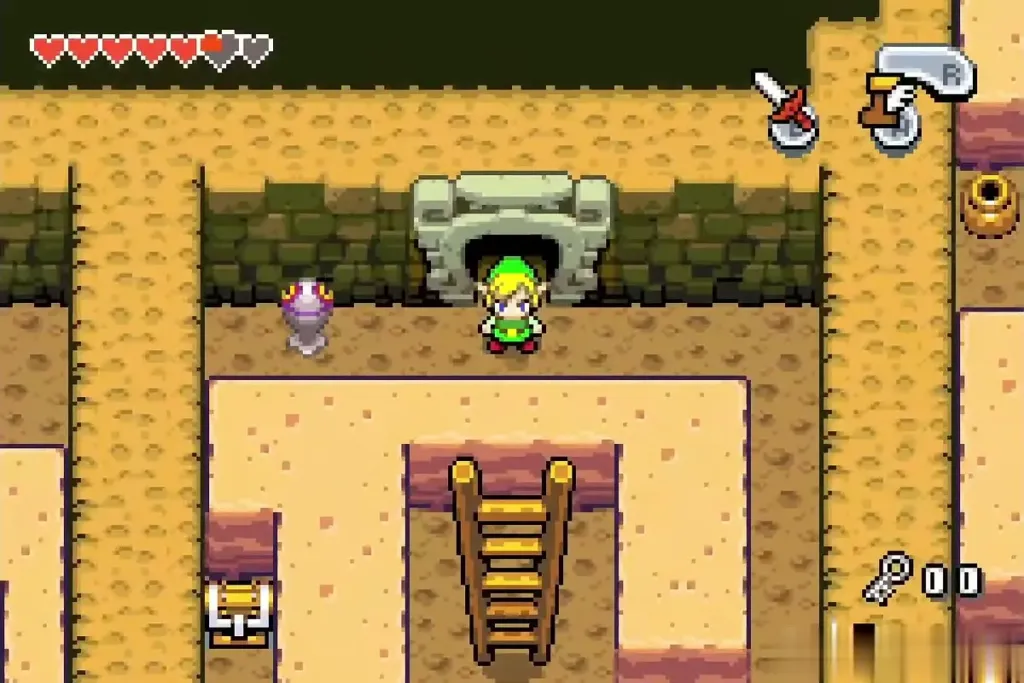 Link on the open sand ledge above a ladder, outside the fortress Link on the open sand ledge above a ladder, outside the fortress