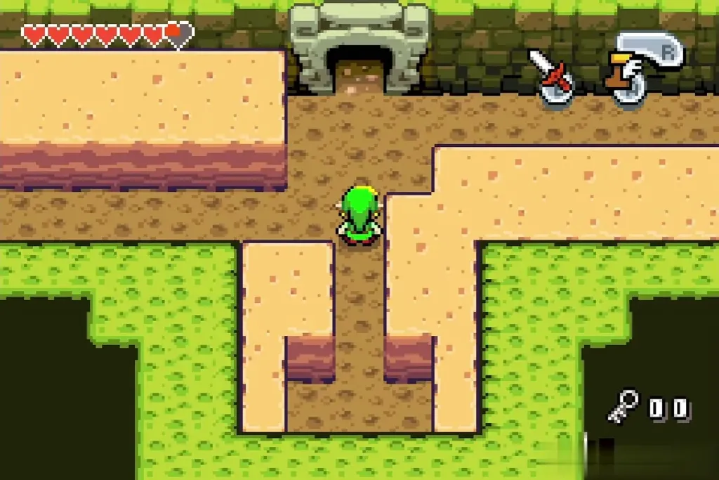 Link walking up the sandy path toward the stone doorway of the Fortress of Winds Link walking up the sandy path toward the stone doorway of the Fortress of Winds