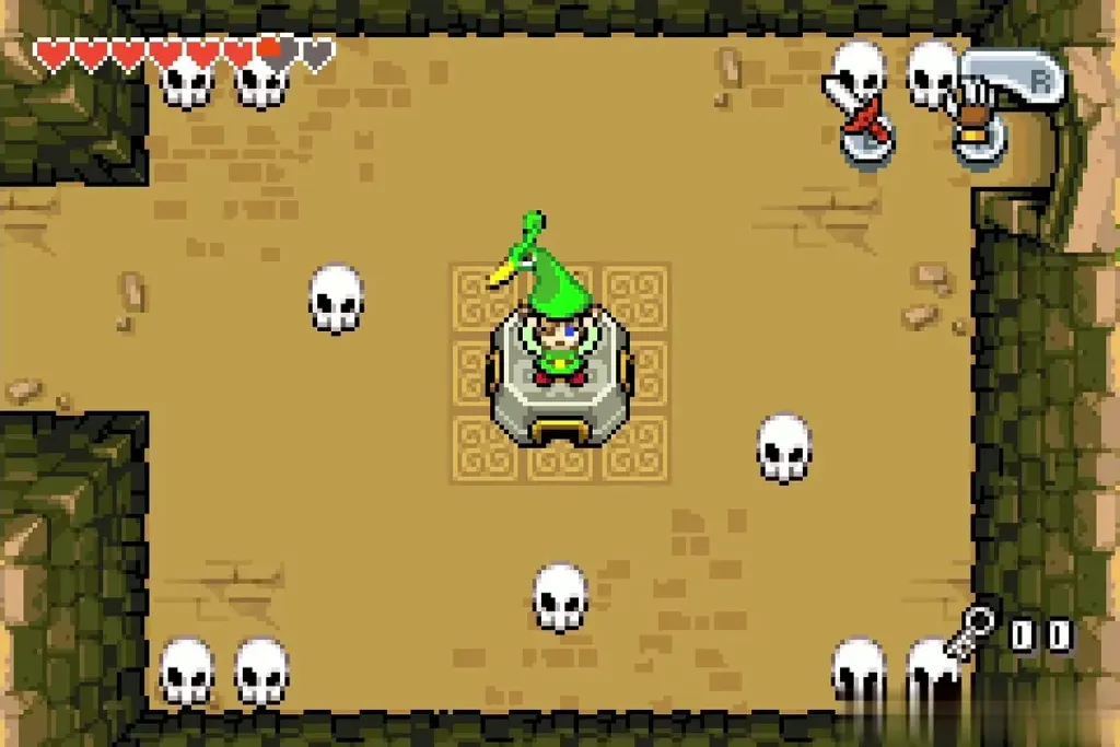 Link standing on the Minish Portal pad with Ezlo's cap raised as he shrinks Link standing on the Minish Portal pad with Ezlo's cap raised as he shrinks