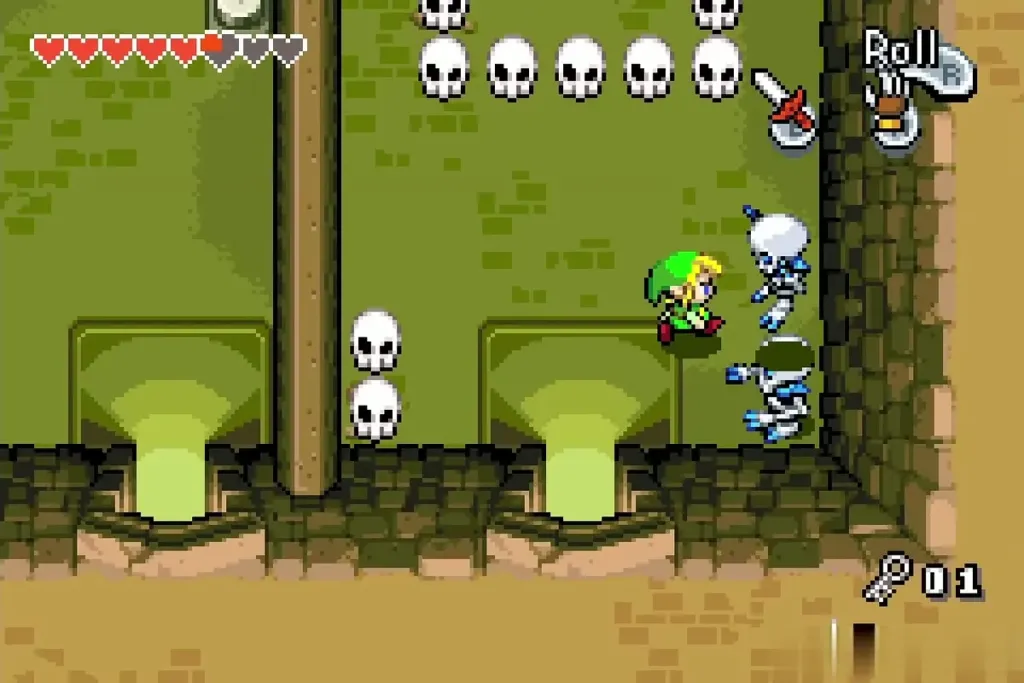 Link facing two skeletons in the room of skulls Link facing two skeletons in the room of skulls