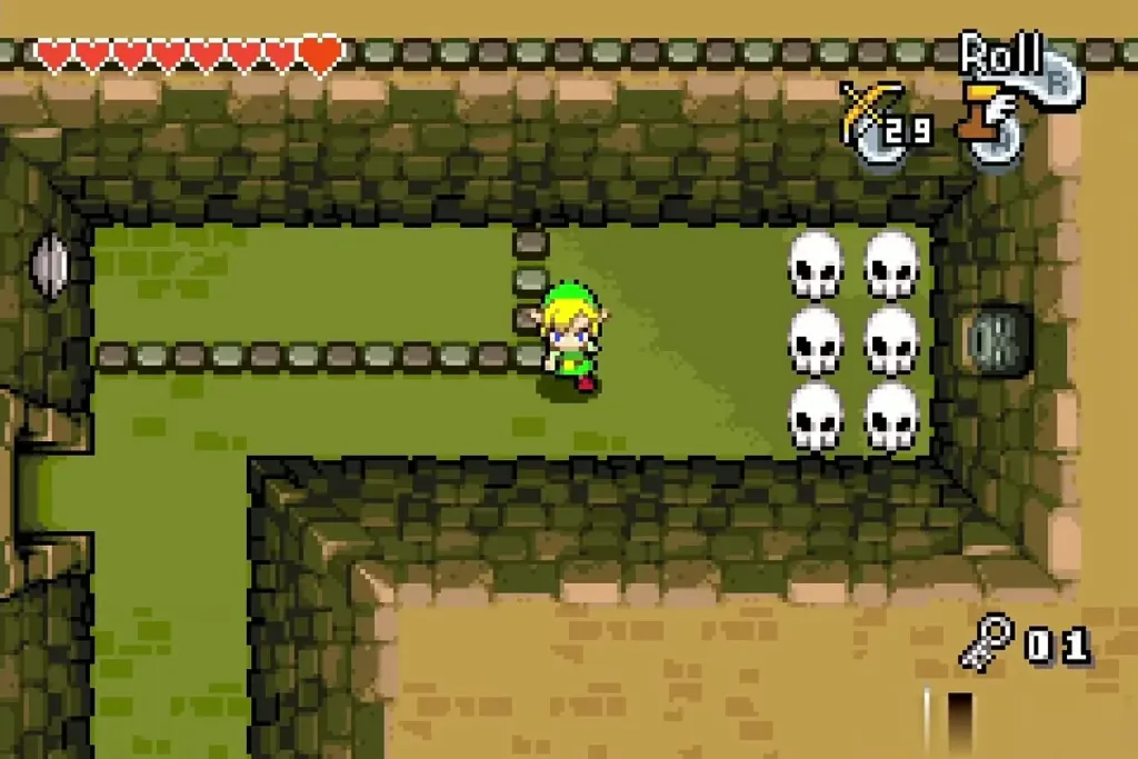 Link walking a narrow corridor beside a block of skulls Link walking a narrow corridor beside a block of skulls