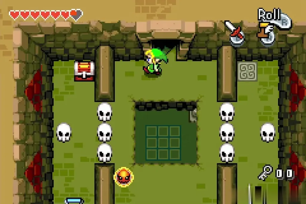 Hall with rows of skulls beside a central pit and a fire spark Hall with rows of skulls beside a central pit and a fire spark