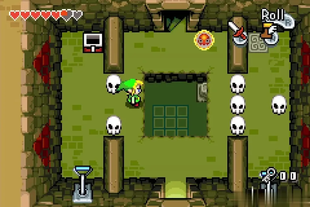Link walking past skulls near the central pit while a fire spark bounces Link walking past skulls near the central pit while a fire spark bounces