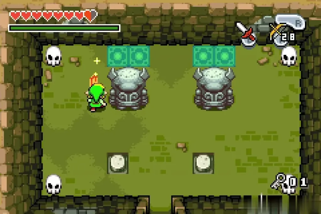 Link charging his sword beside two stone statues and glowing floor tiles Link charging his sword beside two stone statues and glowing floor tiles
