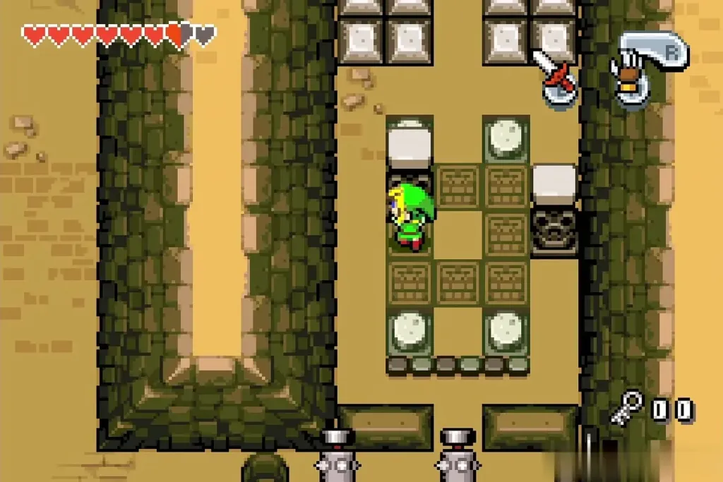 Link in the room with statues and glowing floor tiles Link in the room with statues and glowing floor tiles