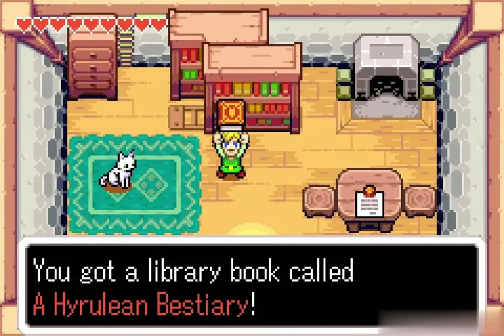 Link holding up the library book A Hyrulean Bestiary with the item message shown Link holding up the library book A Hyrulean Bestiary with the item message shown