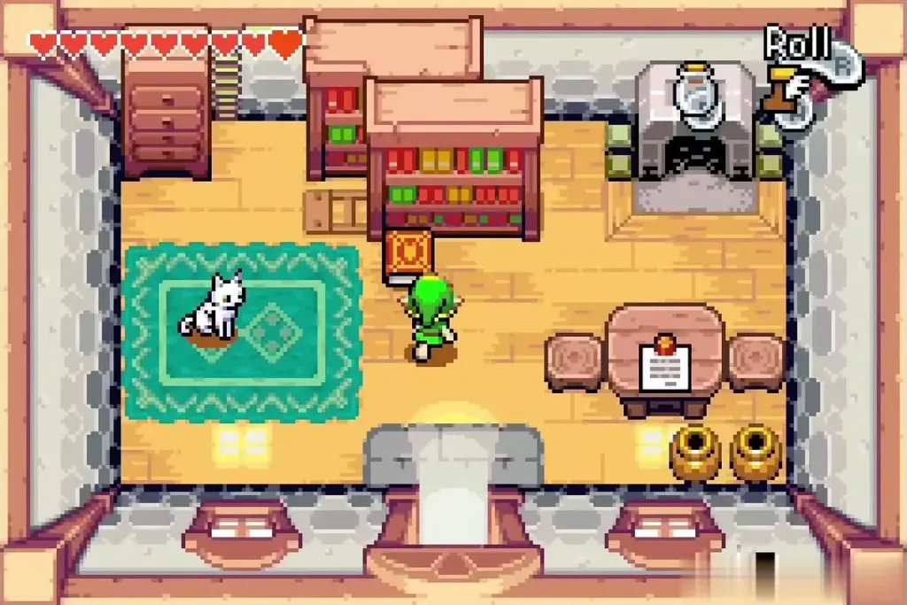 Link in the blue house walking toward the book on the floor Link in the blue house walking toward the book on the floor