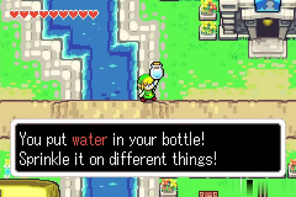 Link holding up the bottle filled with water with the message on screen Link holding up the bottle filled with water with the message on screen