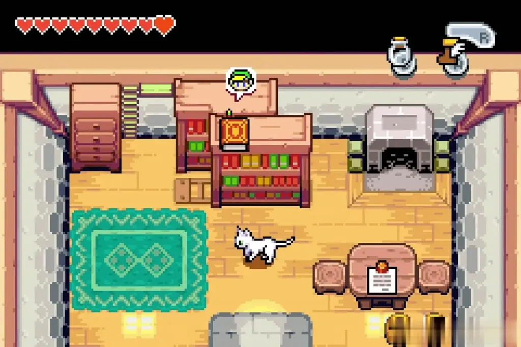 The cat wandering across the room as Link walks the bookcase The cat wandering across the room as Link walks the bookcase
