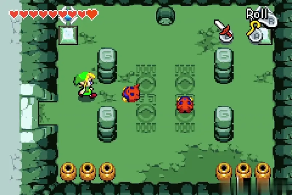 Link in the first cave room with two red beetles Link in the first cave room with two red beetles