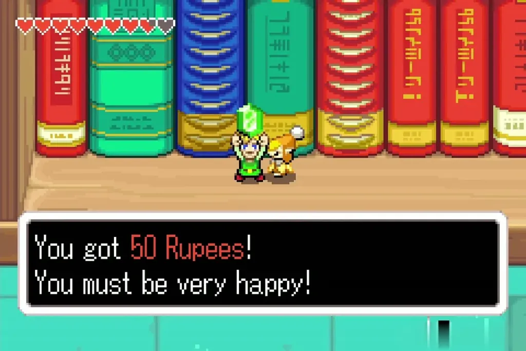 Link holding up a green rupee with the 50 Rupees message shown Link holding up a green rupee with the 50 Rupees message shown