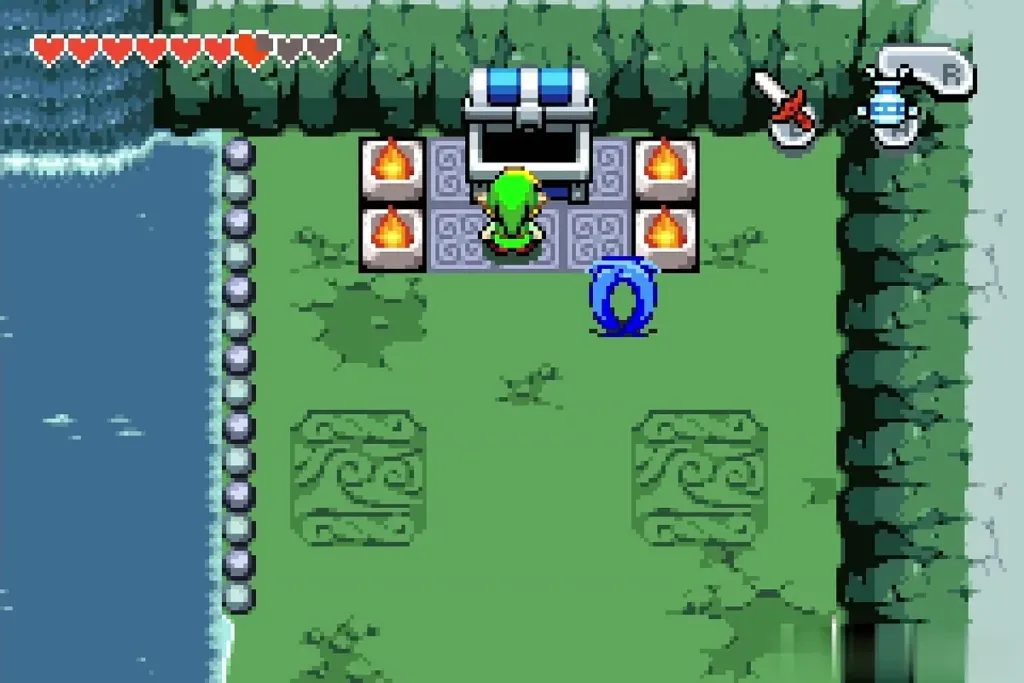Link standing at the opened chest in the trial room Link standing at the opened chest in the trial room