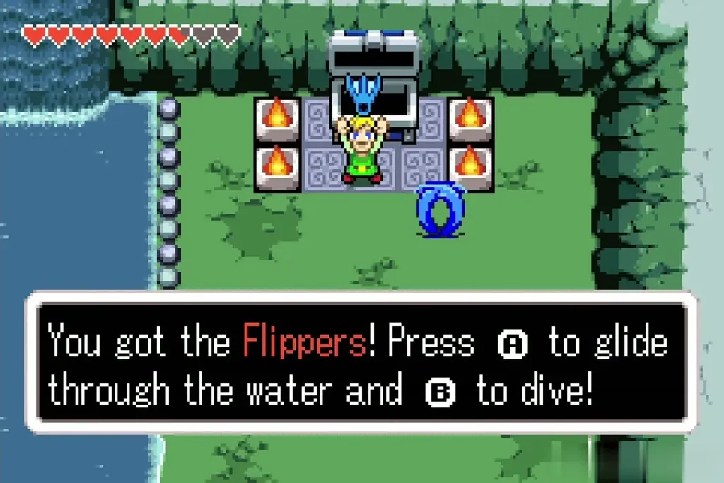 Link holding up the Flippers with the item message shown Link holding up the Flippers with the item message shown