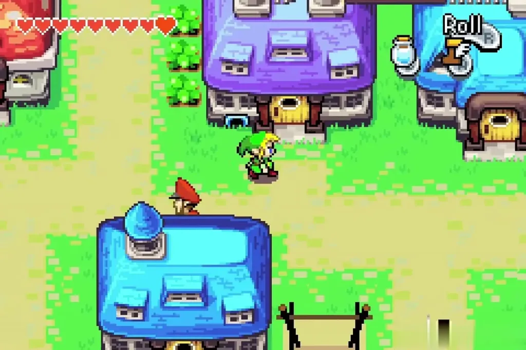 Link walking toward the blue and purple houses in the south-east of town Link walking toward the blue and purple houses in the south-east of town