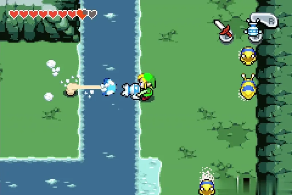 Link using the Gust Jar on the blue mushroom to cross the river Link using the Gust Jar on the blue mushroom to cross the river