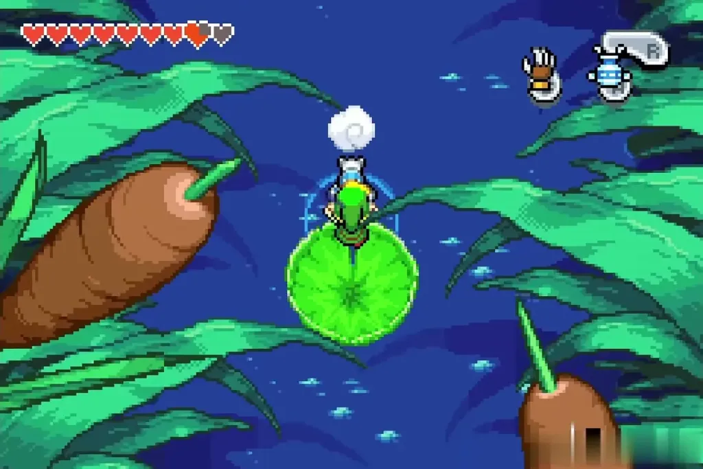 Minish-size Link on a lily pad blowing it across the pond with the Gust Jar Minish-size Link on a lily pad blowing it across the pond with the Gust Jar