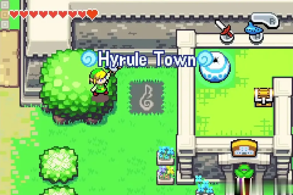 Link arriving at the Hyrule Town Wind Crest beside the town wall Link arriving at the Hyrule Town Wind Crest beside the town wall