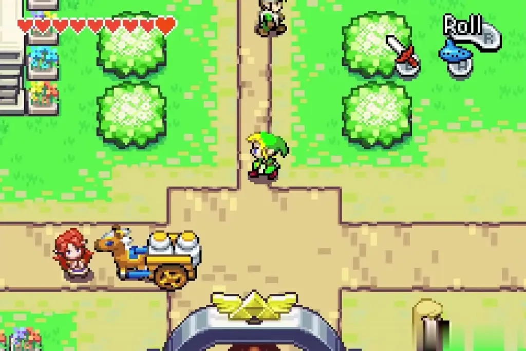 Link on the main road of Hyrule Town with the library ahead Link on the main road of Hyrule Town with the library ahead